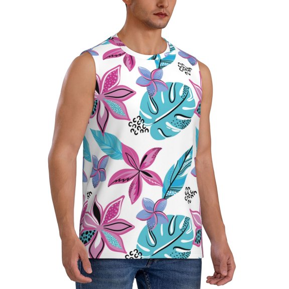 Fotbe Men's Hawaiian Style Print Men's Sleeveless Muscle Tank Tops Casual T-Shirts for Gym Workout Beach-Small