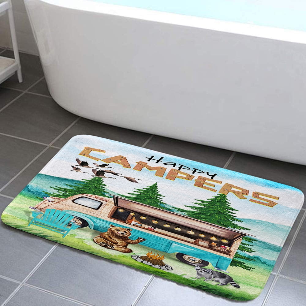 Happy Camper Bath Mat, Non Slip Bathtub Rug Retro Rustic Wood Neutral