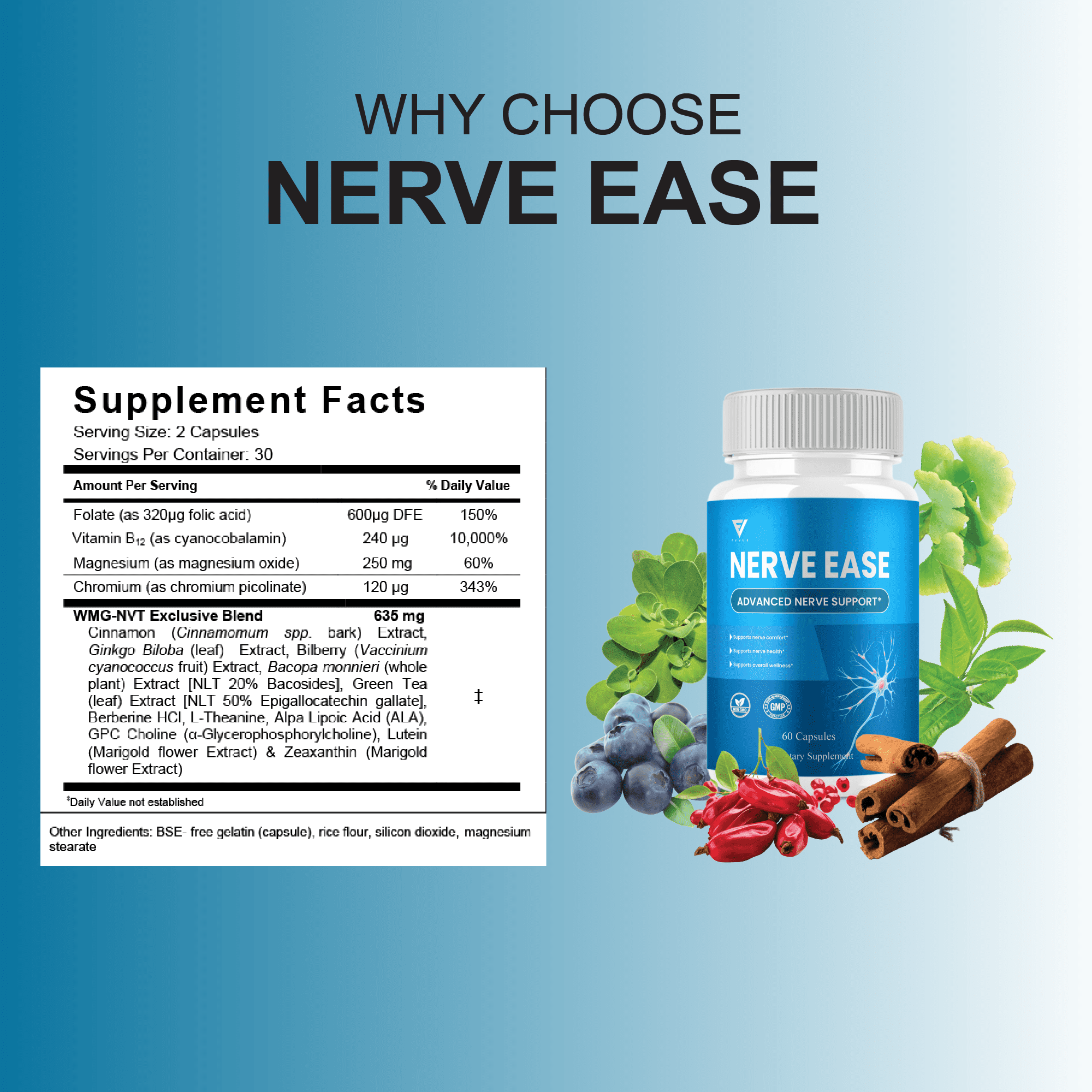 Nerve Ease Pills, NerveEase Premium Nootropic Supplement (60 Capsules)