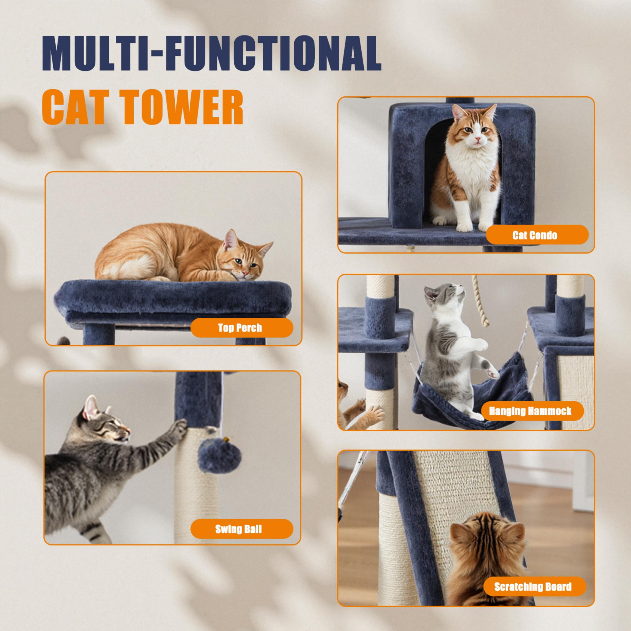 EDX 63" Cat Tree Tower for Indoor Cats, Multi-Level Durable Cat Climbing Tower, Large Pet House with Natural Sisal Scratching Post, Cozy Condo, Extended Platform, Kitten Toy and Hammock, Dark Blue
