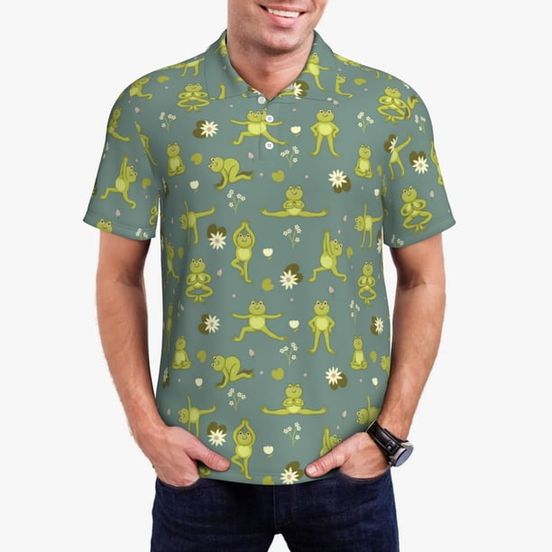 Fotbe Cute Yoga Frogs Camiseta Polo de Golf para Hombre con Estampado – Camisa Deportiva Transpirable con Cuello Abotonado-Small