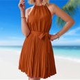 thumbnail image 3 of Vestido de sol de cuello halter de color sólido para cóctel para mujeres (marrón L) FLhrweasw Para estrenar, 3 of 8