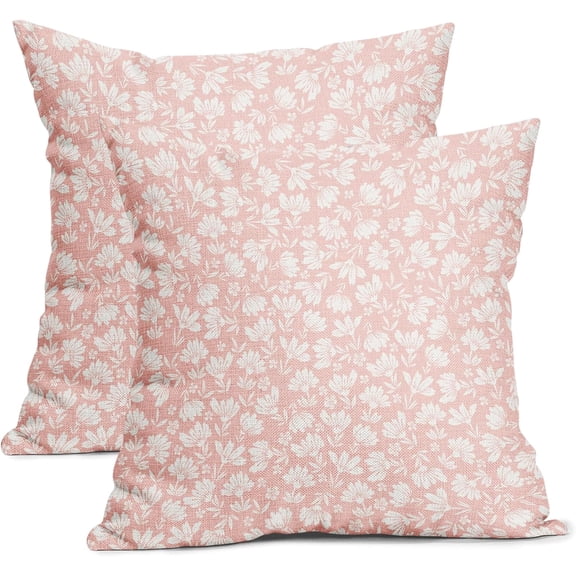 Light Pink Beige Daisy Floral Pillow Covers 16X16 Inch Vintage Flowers Decorative Pillow Cases Set of 2 Block Print Cotton Linen Throw Pillows Farmhouse Decor for Sofa Couch Porch Bed Cushion Outdoor