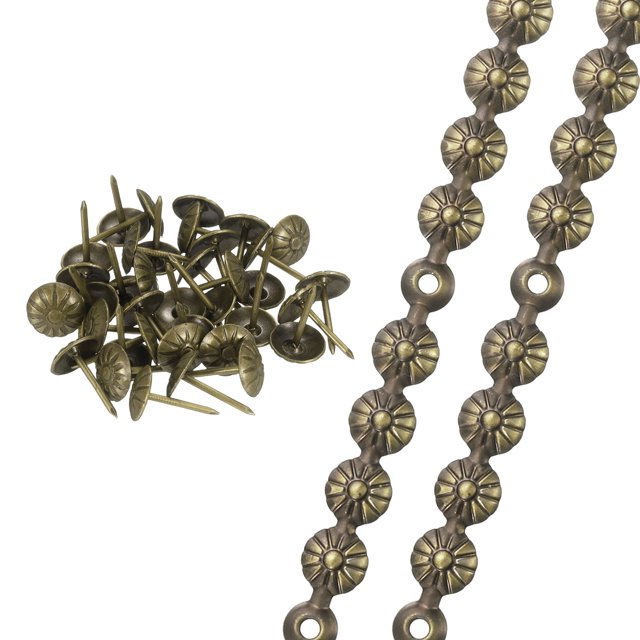 Uxcell 2 Pcs Tiras de Tachuelas de Tapicería 32.8ft Clavos Decorativos Tiras Brillantes para Muebles Flor Dorada