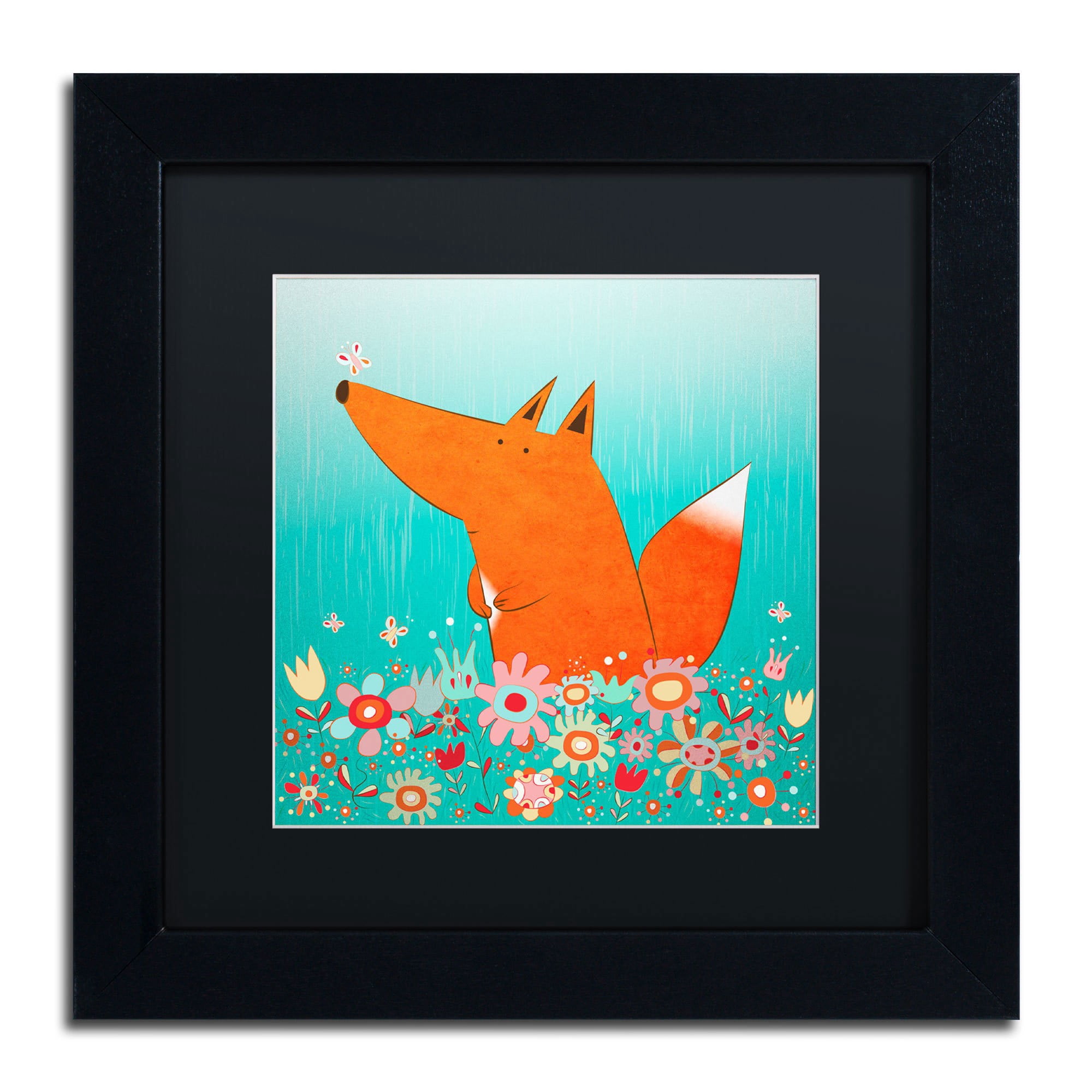 Carla Martell 'Fox in Flowers' Black Matted Framed Art