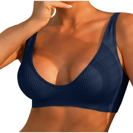 Plunge Ribbed Stretch Bras for Woman V Neck Seamless Wirefree Bra Sexy Sports Workout Bra
