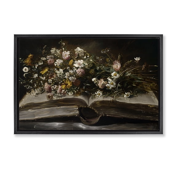 Stupell Industries Contemporary Antique Floral Open Book Black Floating Frame Canvas Art, 25 x 17, by Jacky Ngan