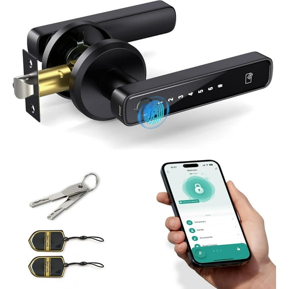 Asidrama Smart Fingerprint Door Lock with Keypad Handle - Keyless Entry via Biometric, APP, Code, Keys & Card for Bedroom, Office, Hotel, Apartment - Black