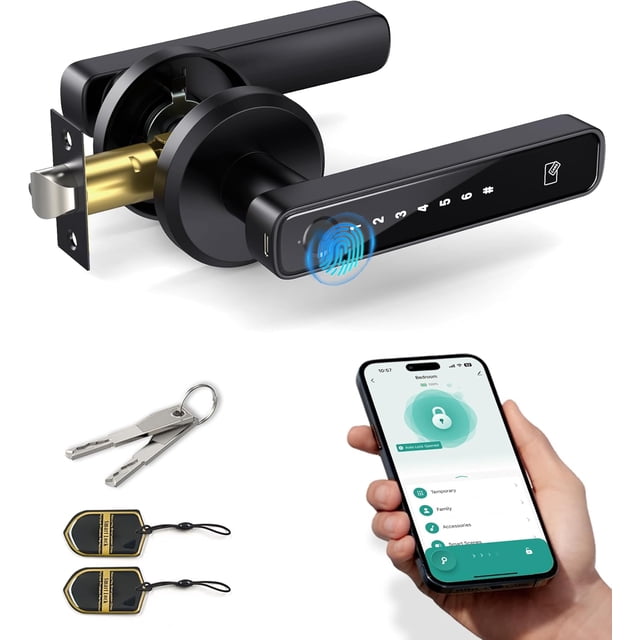 Asidrama Smart Fingerprint Door Lock with Keypad Handle - Keyless Entry via Biometric, APP, Code, Keys & Card for Bedroom, Office, Hotel, Apartment - Black