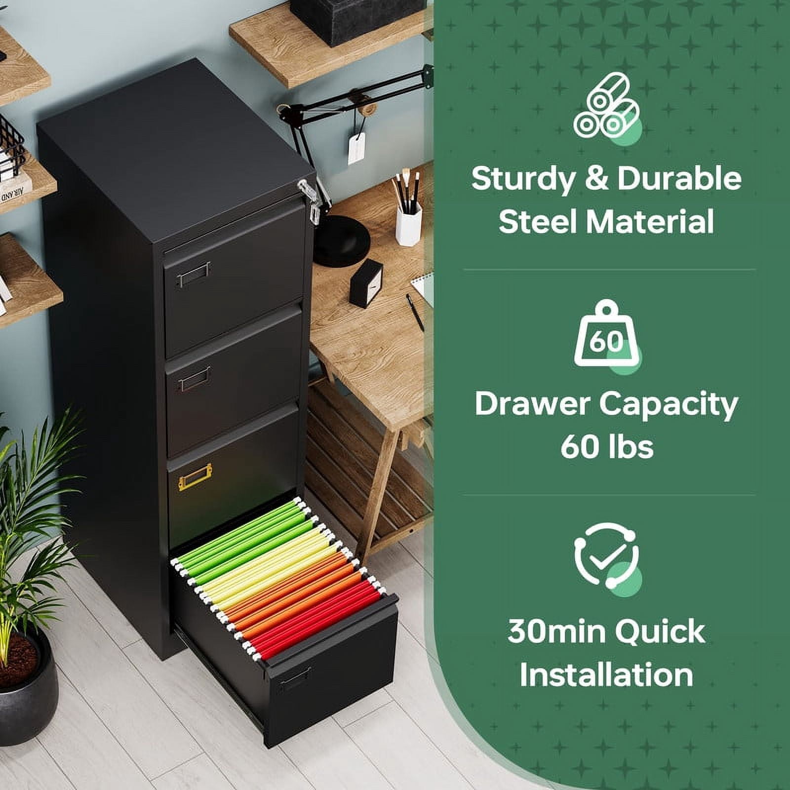MIIIKO 4 Drawer File Cabinet,Metal Vertical Filing Cabinets with Lock,Storage A4/F4/Letter/Legal for Home Office-Assembly Required (4 Drawer-Black)