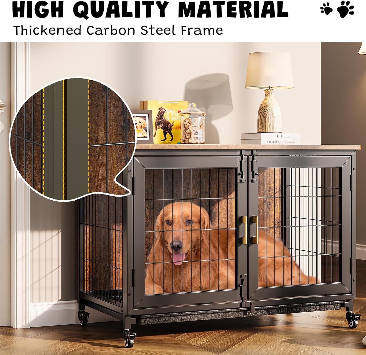 Acekid Heavy Duty Dog Crate - 37.5 Inch Furniture Style Kennel with Wheels & Removable Tray - Lockable Indoor Cage for Large & Medium Dogs - Brown