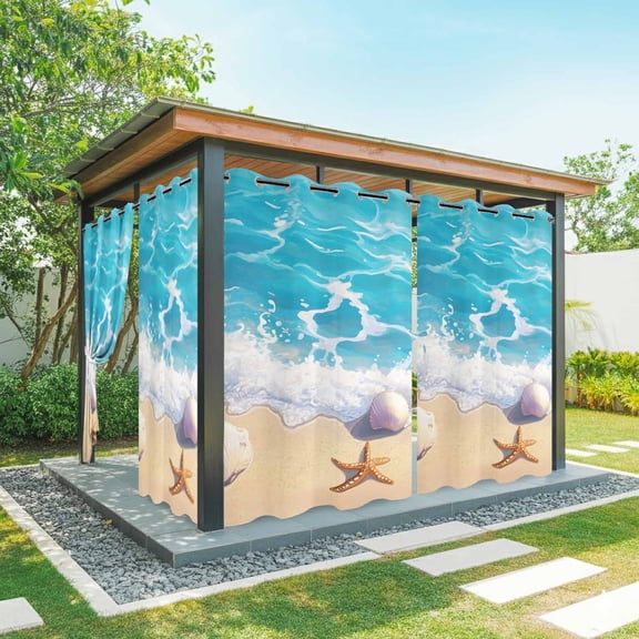 Coastal Beach Outdoor Curtains for Patio Waterproof,Windproof Privacy Curtains with Weighted Bottom,Nautical Ocean Starfish Shells Sea Waves Outside Drapes for Picnic Garage Yard 54"x84" 1 Panel