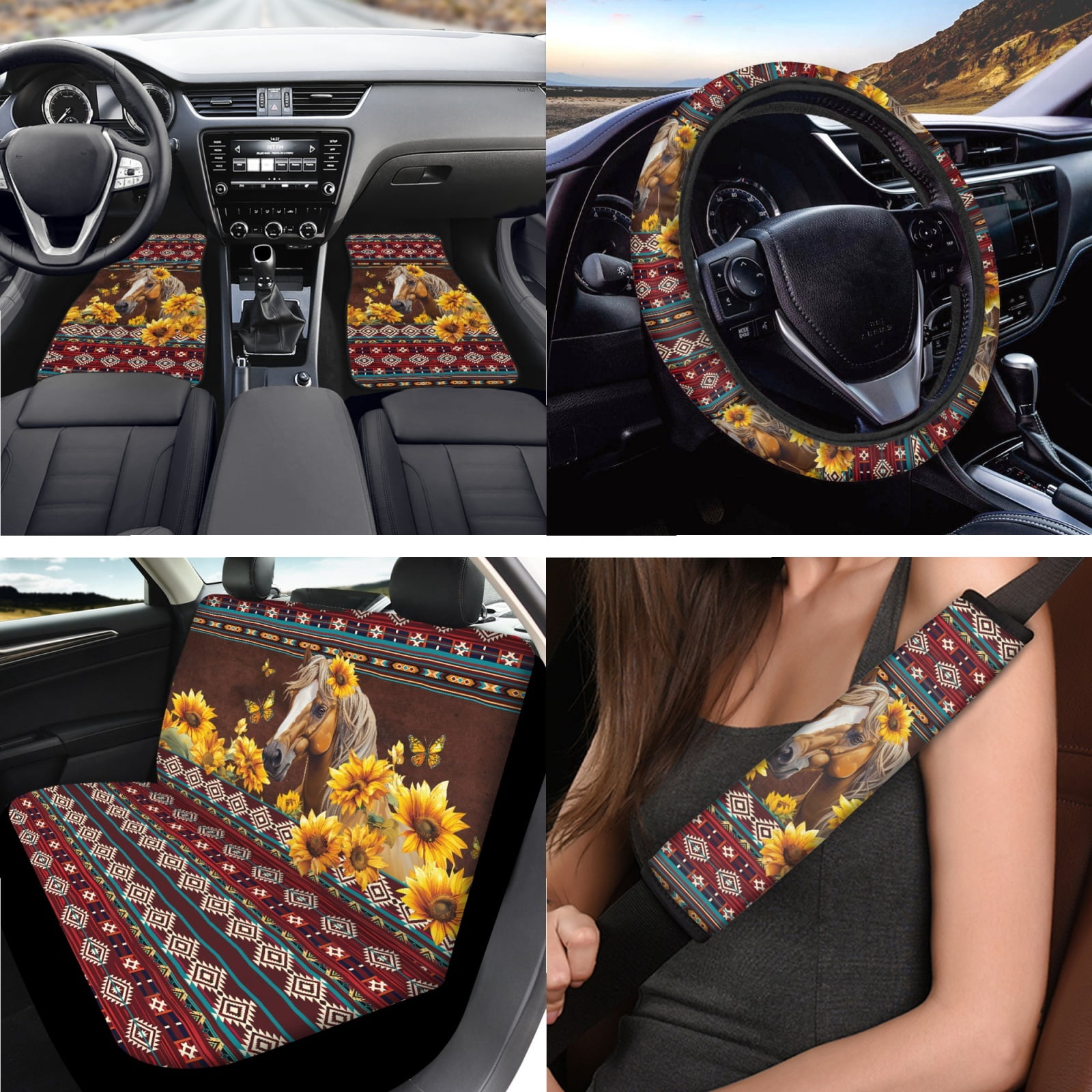 Jeiento Western Horse Car Accessories Sets with Car Seat Covers Car Floor Mats Steering Wheel Cover Seatbelt Pad Auto Armrest Cover Coasters Keychains Lipstick Holder Aztec Interior Decor 17 Pack