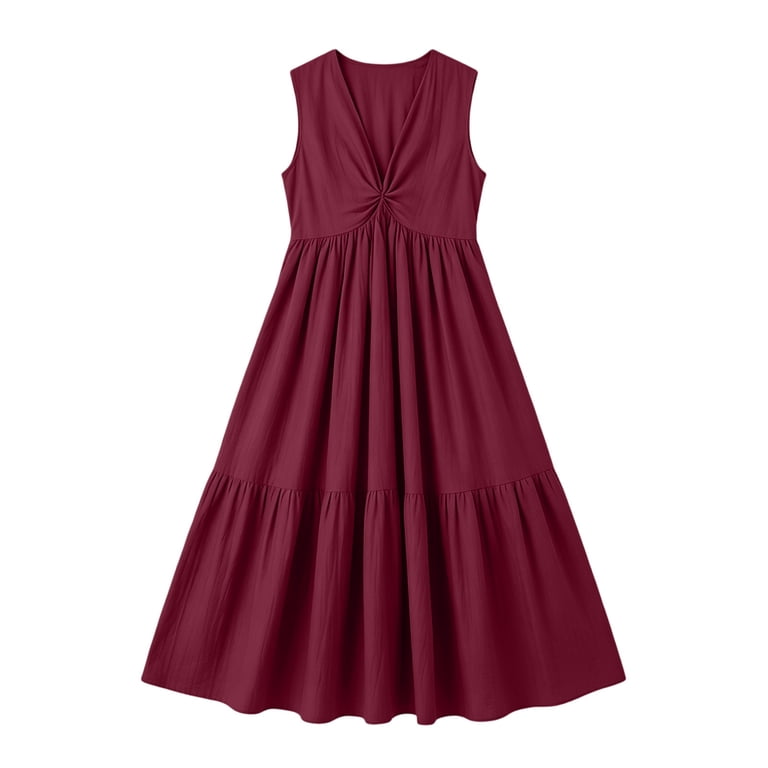 flowy holiday dress Uscallm Women's Sleeveless V Neck Maxi Boho Casual Loose Long Solid Summer Dresses, Wine L Category: Sleepwear
