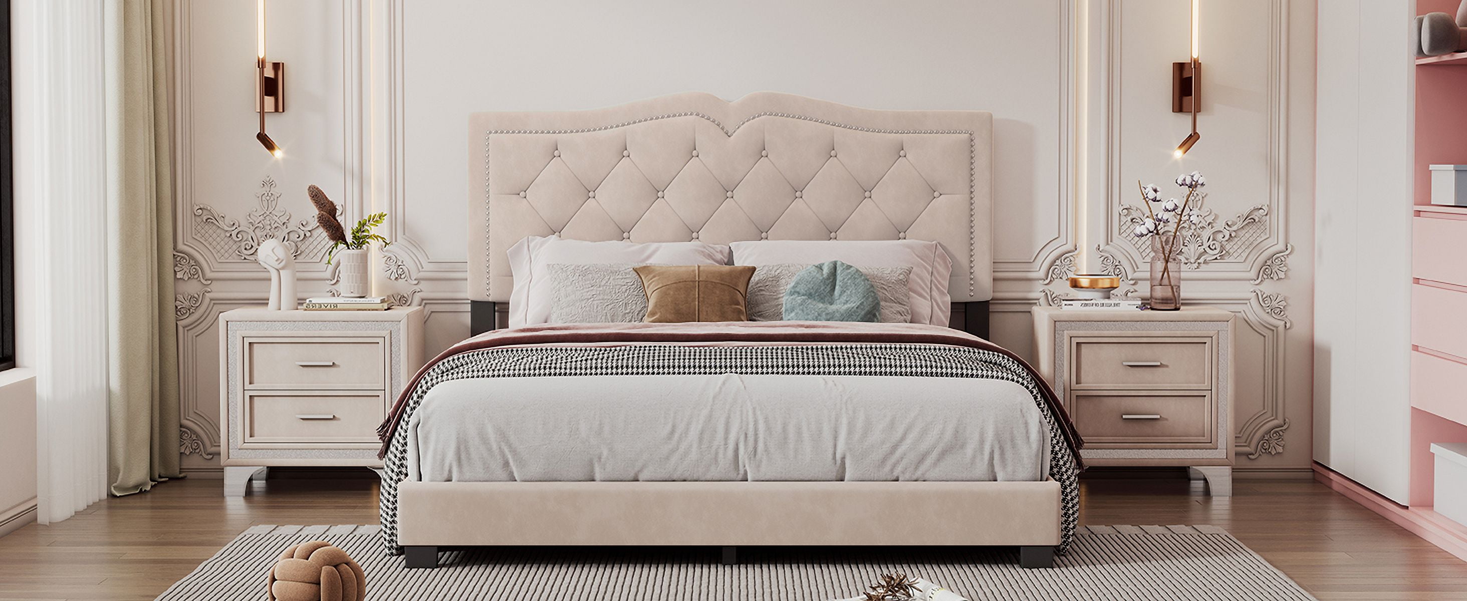 Queen Size Upholstered Bed Frame - Velvet Tufted Headboard with Rivet Design, Beige, 700LBS Capacity, No Box Spring Needed​