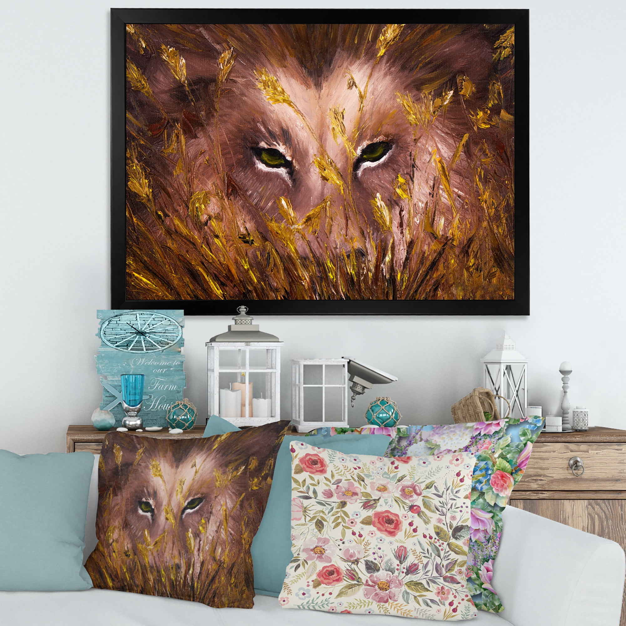 Designart 'Close Up Of Wolf Eyes In The Grass' Farmhouse Framed Art Print
