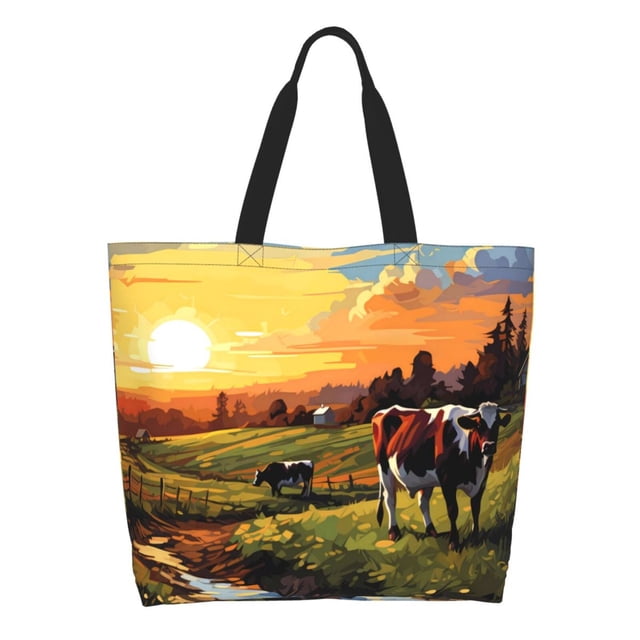 Balery Oil Painting Style Pasture Cow Bolsa Tote Estilo Estético con Cremalleras, Bolsa de Hombro, Bolsa de Compras Grande y Plegable