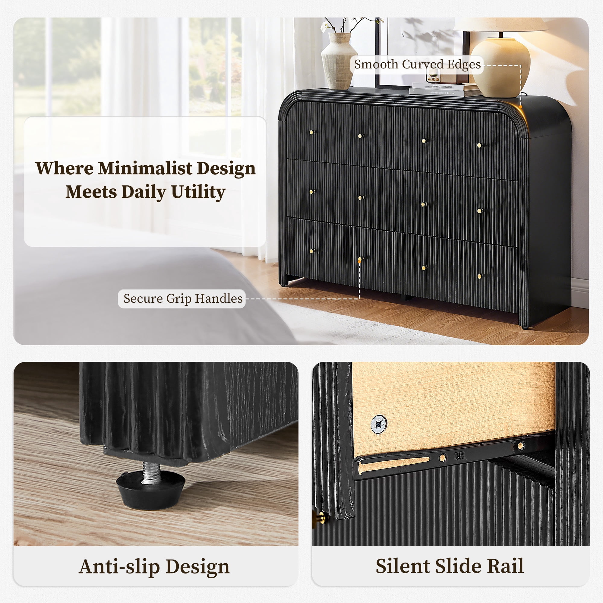 KeyWhat 54" Modern 6-Drawer Dresser, Fluted Chest of Drawers with Curved Profile, Wood Storage Cabinet for Bedroom and Living Room, Black Oak