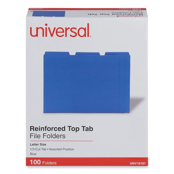 Universal UNV16161 Reinforced 1/3-Cut Assorted Top-Tab File Folders - Letter Size, Blue (100/Box)
