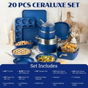Granitestone Ceraluxe 20 Pc Pots and Pans Set Non Stick, Ceramic Cookware Set with 5-Pc Bakeware, Deep Frying Pan & Steamer, Oven & Dishwasher Safe, Blue