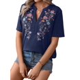 thumbnail image 3 of Camisas Mexicanas para Mujer, Blusa Tradicional de Verano Bordada, Túnica Floral, Cuello en V, Camiseta de Corta. Azul Marino S, 3 of 8