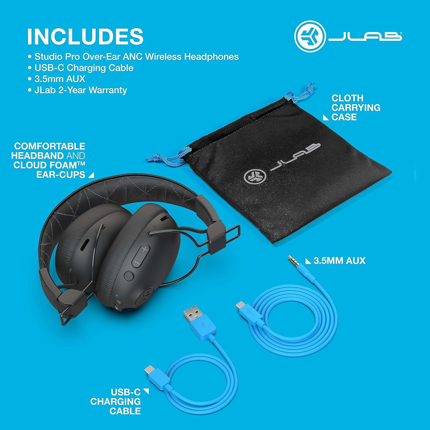 JLab Studio Pro ANC Bluetooth Wireless Over-Ear Headphones | 45+ Hour Bluetooth 5 Playtime | Smart Active Noise Cancellation | EQ3 Sound | Ult並行輸入 JLab Studio Pro ANC Over-Ear Wireless Headphones, Bluetooth, Cloud Foam™  Cushions, Black