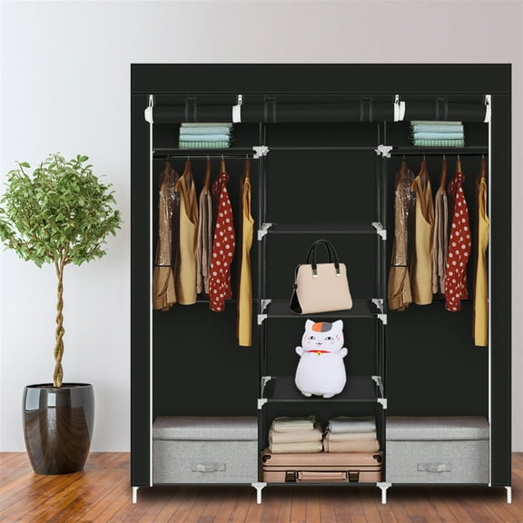 Cfowner 69"Portable Black Clothes Wardrobe, Non-Woven Fabric Wardrobe Double Rod Storage Organizer