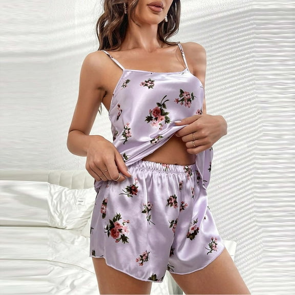 Sakmal Casual Pajamas Sets for Women Purple Shorts Pant Sleeveless Floral Camisole Women'S Sleepwear