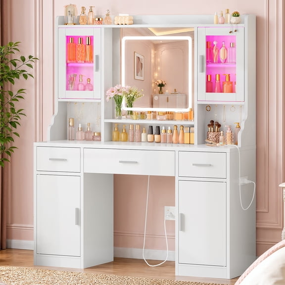 TEENFON Vanity Set with Mirror and Charging Station, Glass Top Makeup Vanity Desk with RGB Light and Charging Station for Girls , White
