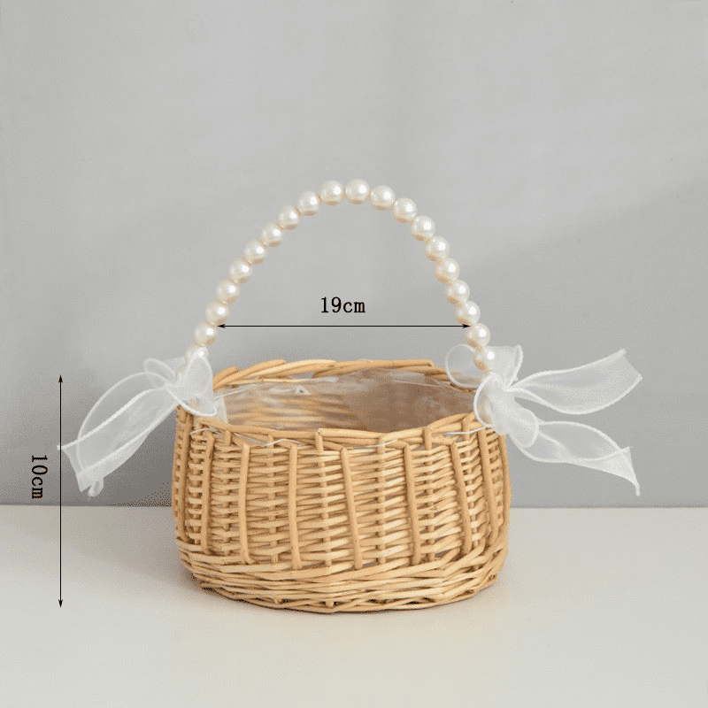 KUNPENG Rattan Flower Basket with Pearl & Fish Tail Gauze, Woven Easter Basket for Kids, Decorative Wicker Wedding Gift Basket with Ribbon for Fruits, Snacks & Photography Props, 10"x7"x10"