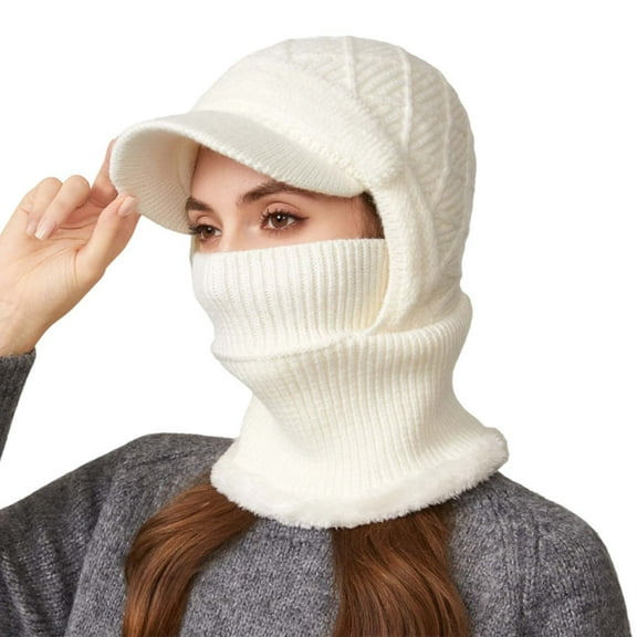 Bibifish Womens One Piece Cable Knit Brim Beanie Hat Lined Warm Ear Flaps Neck Wrap Integrated Hat Windproof Cold Weather Outdoor Practical Hats