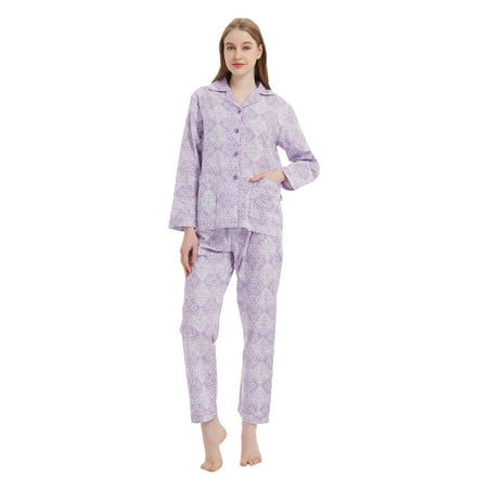 

GLOBAL Womens 100% Cotton Pajamas PJs Set Long Sleeve Notch Collar Button-Down Nightwear Drawstring Sleepwear 2-Piece Set Size L