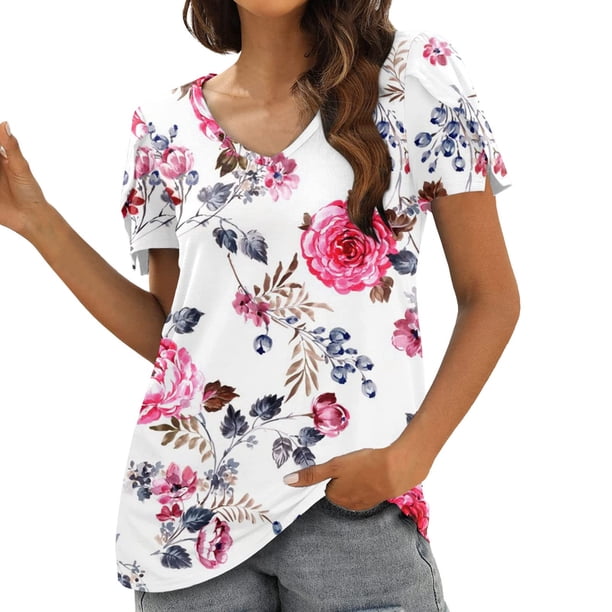 Camiseta de verano para mujer, colección con estampado de cuello en V, manga corta, blusas, camisetas Pompotops hkajfhjk467959