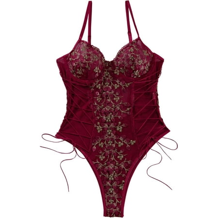 XiaoBanDeng Women Sexy Lace Up Floral Embroidered Teddy Lingerie Bodysuit Top Mesh Sheer One Piece