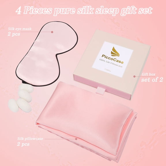 PiccoCasa 2 Pcs Silk Pillowcase Both Sides Silk 2 Pcs Eye Mask for Hair and Skin with Envelope Closure Standard Pink