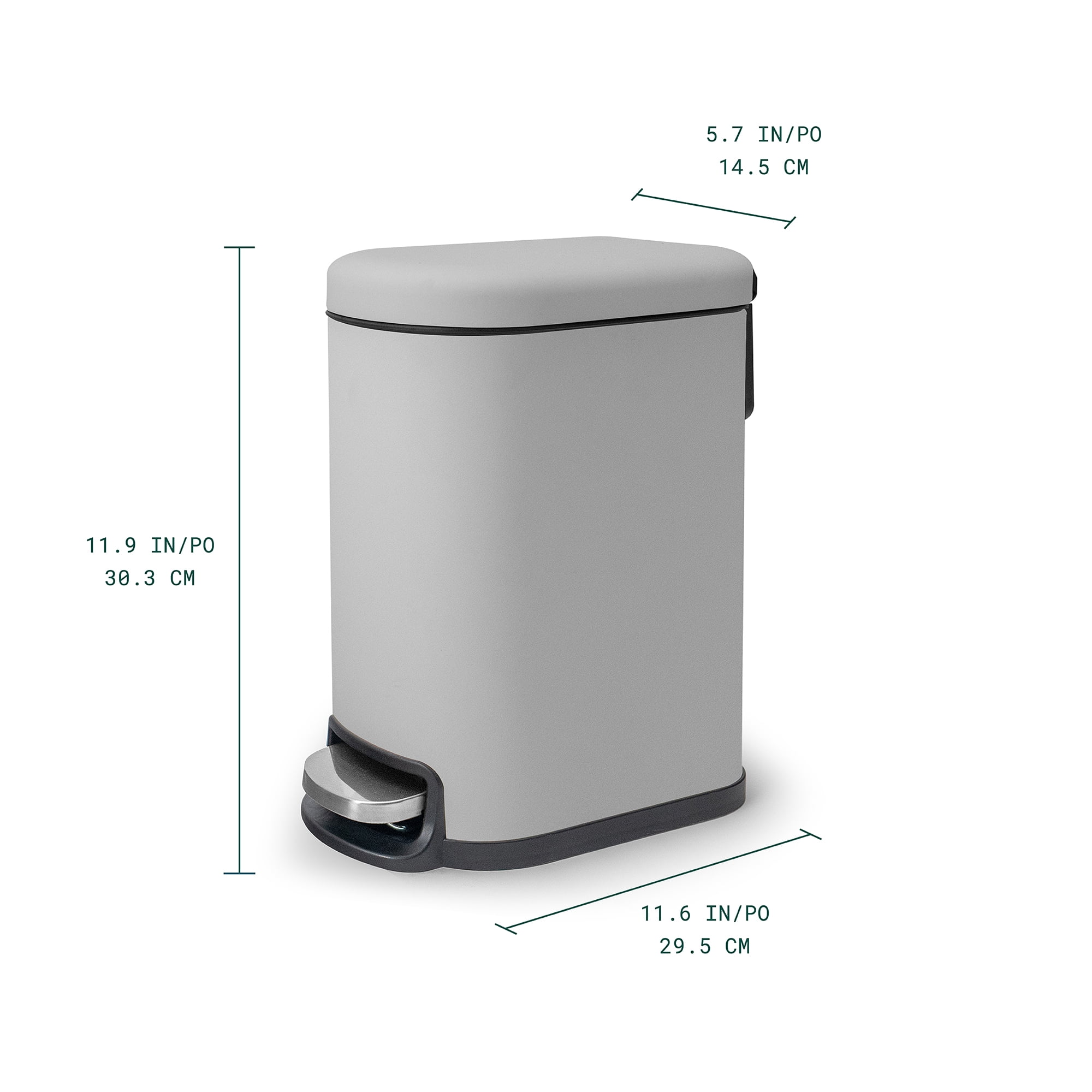 Acento Linea Slim Rectangular Step Trash Can, 1.3 Gallon Bathroom Waste Bin with Soft-Close Lid and Removable Inner Bucket, Matte Gray