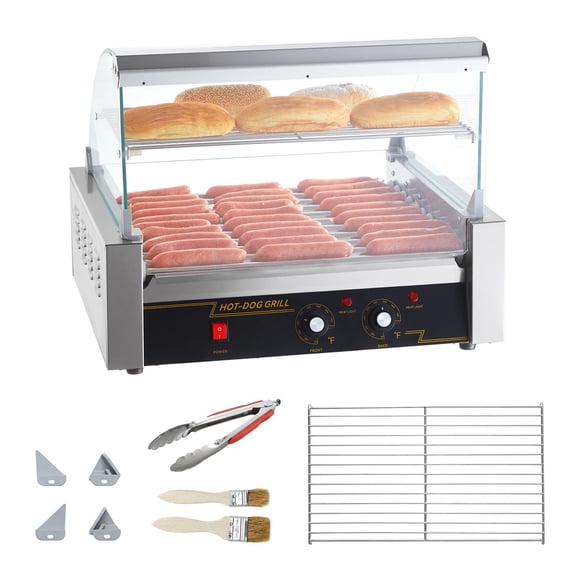 Commercial Hot Dog Roller Machine, 11 Stainless Rollers, 1650W, Dual Temp, 30 Hot Dogs, Glass Cover & Removable Drip Tray, ETL