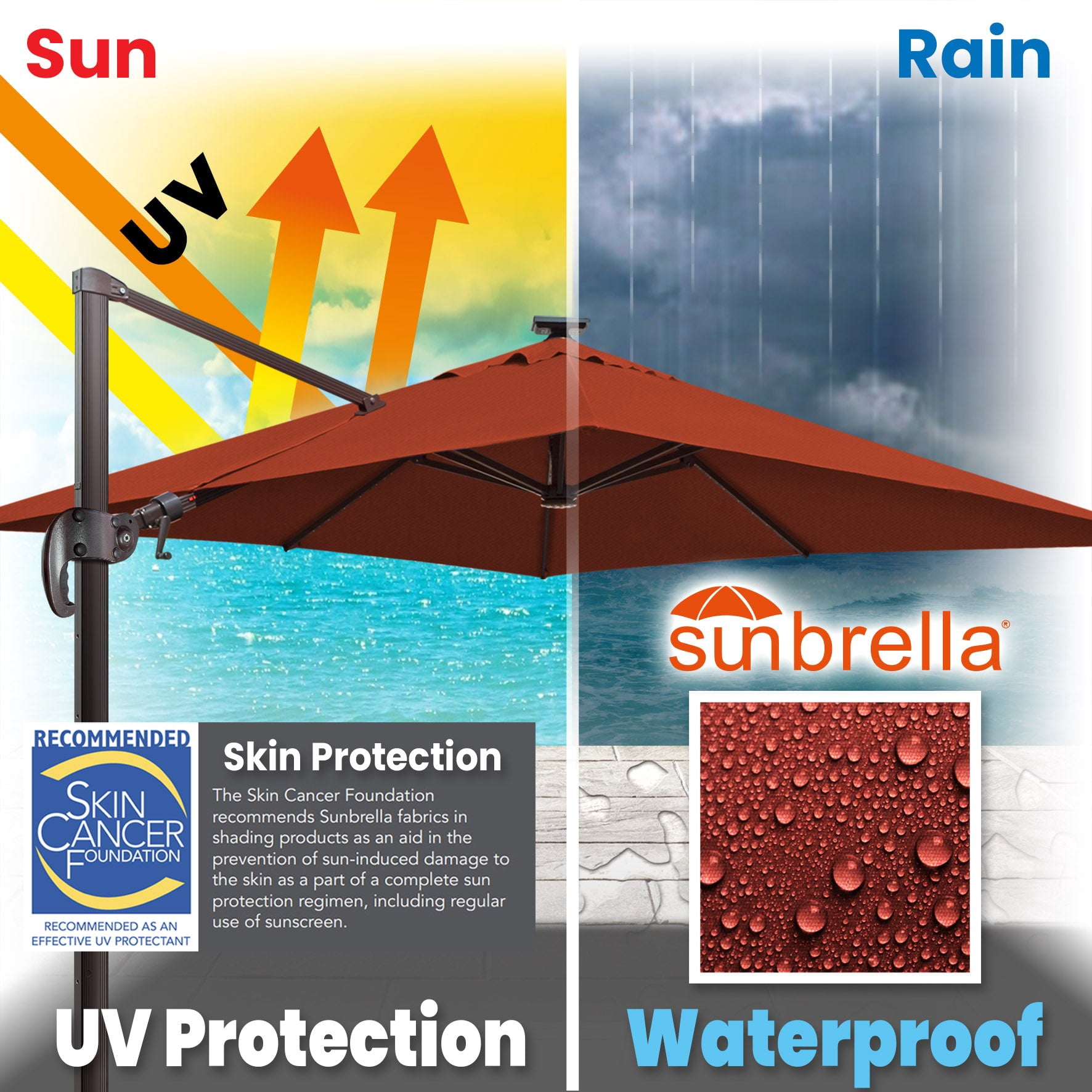 SUNRISEUMBRELLA Square 10'x10' Deluxe Roma square cantilever umbrella, With LED light(Henna)