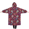 thumbnail image 2 of Oversized Wearable Blanket Hoodie,Purple Colorful Skull Flower Pattern Sherpa Blanket Hoodie with Super Pockets,Super Warm Fuzzy Pullover for Women & Men, 2 of 6