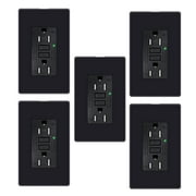 Black GFCI Outlet 15amp Weather Resistant, Tamper Resistant Greencycle GFI Receptacle with LED Indicator, Decor Wall Plate and Screws Included, ETL Certified, 5 Pack