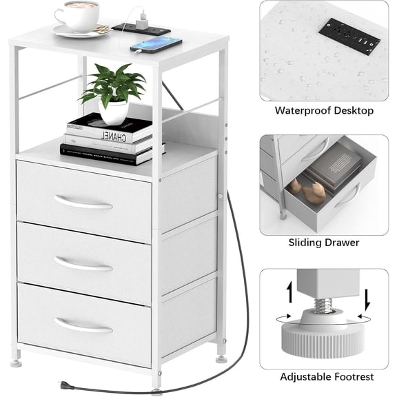Nightstand w/Charging Station End Side Table Storage Drawer Tall Bedside Table