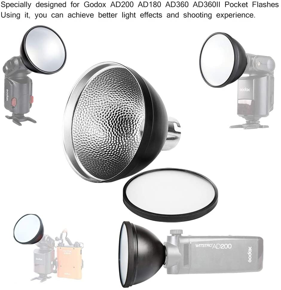 Godox AD-S2 Standard Reflector with Soft Diffuser for Godox AD200 Pro Godox AD200PRO Godox AD200 AD180 AD360 AD360II Flashes and PERGEAR Cleaning Cloth