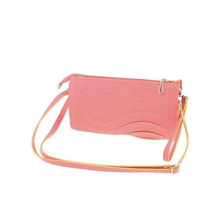 Zippered Faux Leather Purse - Wave Pattern Faux Leather Zippered Shoulder Bag w Detachable Strap