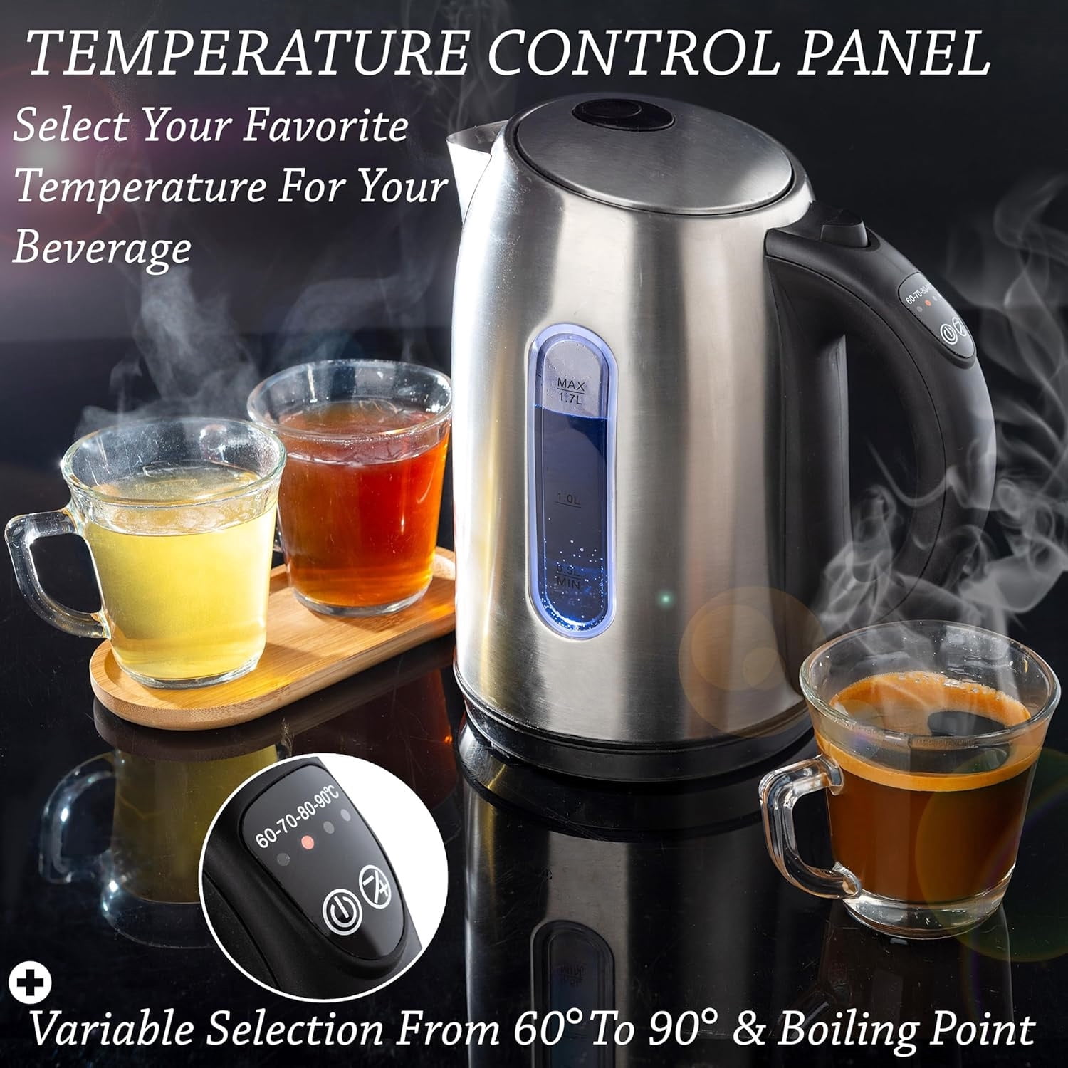 Stainless Steel Electric Kettle, Cordless 1.7L Electric Kettle Temperature Control,1500W Electric Tea Kettle with Viewing Window 2 Hr Keep Warm, Water Boiler with Auto-Off, Boil-Dry System