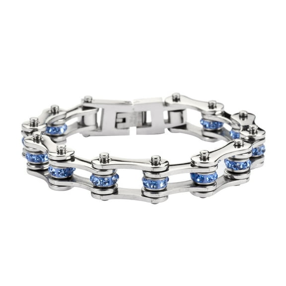 SK1205 All Steel b/Crystals Bike Chain Bracelet 1/2" Wide - Size 7.25"