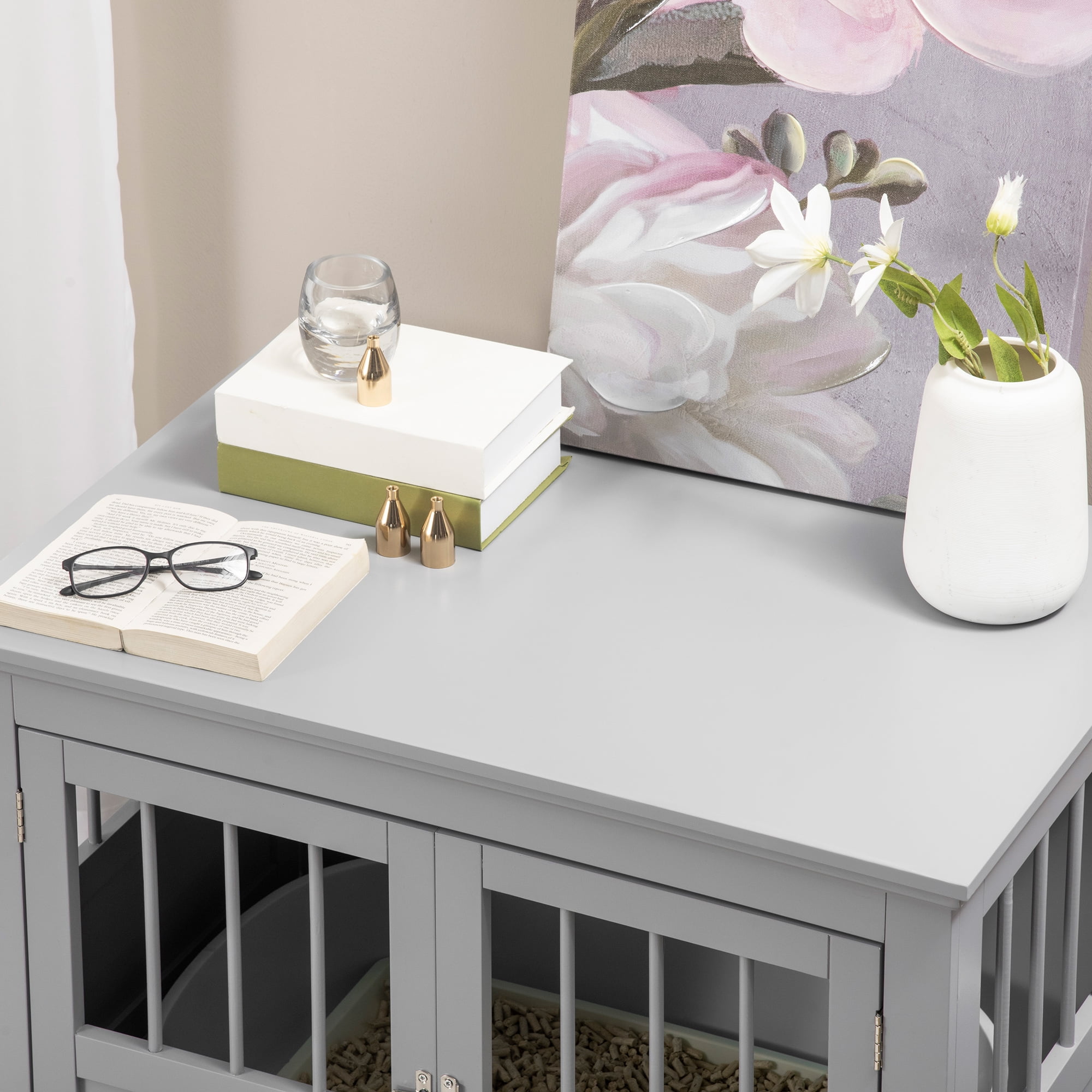 PawHut Dog Crate End Table with Triple Doors, Wooden Dog Crate Furniture Indoor Use, Puppy Crate for Small Dogs, Dark Gray