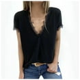 thumbnail image 1 of Gibobby Blusas De Mujer Verano sólido gráfico cuello en V blusa camisetas mujer Patchwork manga encaje corto blusa de mujer（Negro， XL), 1 of 4