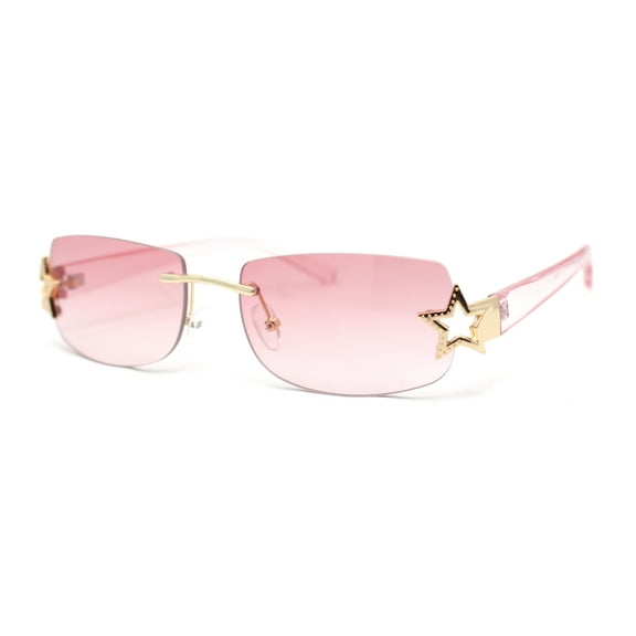 Womens Rhinestone Star Jewel Rimless Designer Sunglasses Gold Pink - Pink