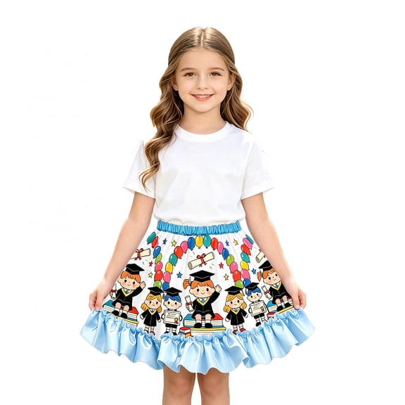 WOYY Girls Graduation Party Skirt Cartoon Elastic Waist Ruffle A Line Short Skirts