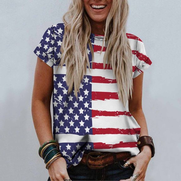 Lilgiuy Women's Comfortable Tops Fashion Casual Loose Blouse Independence Day Flag Printing Round Neck T-Shirt